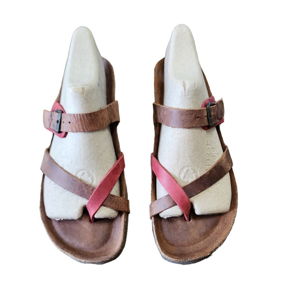 Marina Luna brown & red leather strappy wedge sandals 6.5